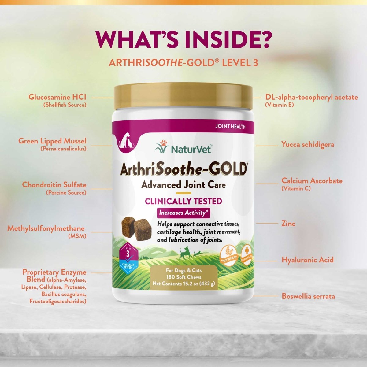 NaturVet Clinically Tested ArthriSoothe Gold Level 3 Joint Care Soft Chew - 180 Count - dog supplement - 797801034920