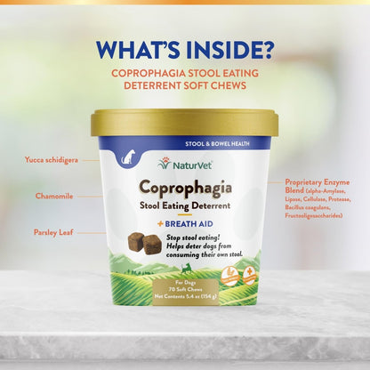 NaturVet Coprophagia Stool Eating Deterrent Plus Breath Aid – Deters Dogs from Consuming Stool – Enhanced with Breath Freshener - Enzymes & Probiotics – 70 Soft Chews - dog supplement - 797801036986