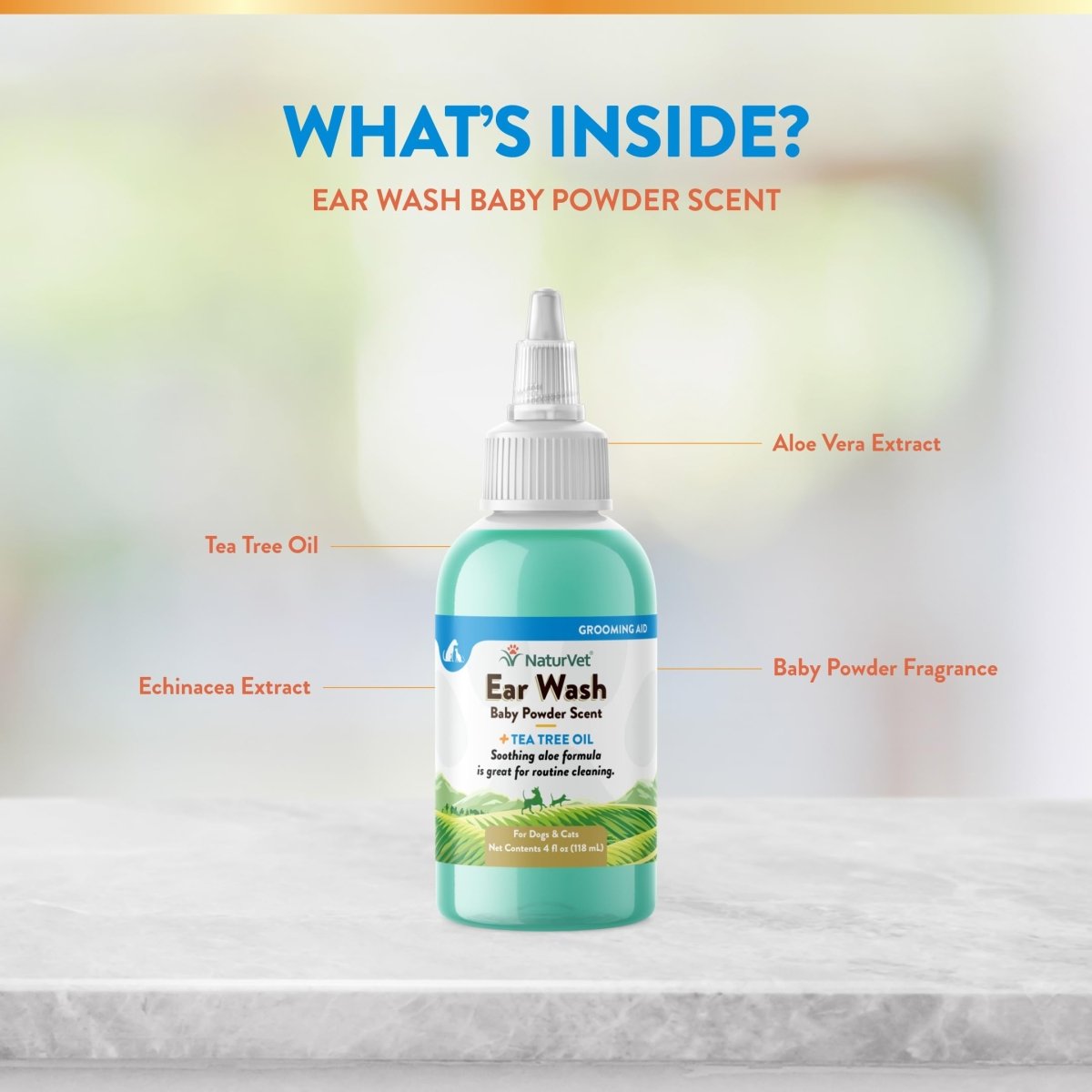 NaturVet Ear Wash For Pets with Tea Tree Oil - Aloe & Baby Powder Scent - 4 oz - ear solution - 797801038003