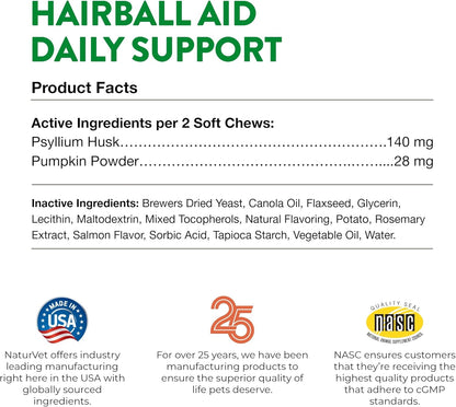 Naturvet hairball aid daily support + pumpkin 60 chews cat aid