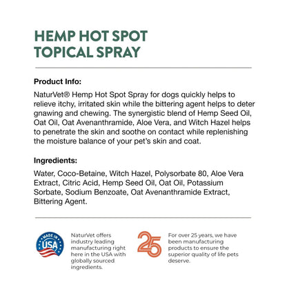 NaturVet Hemp Hot Spot Spray with Aloe Vera for Dogs, 12 oz Liquid, Made in The USA - 797801059046