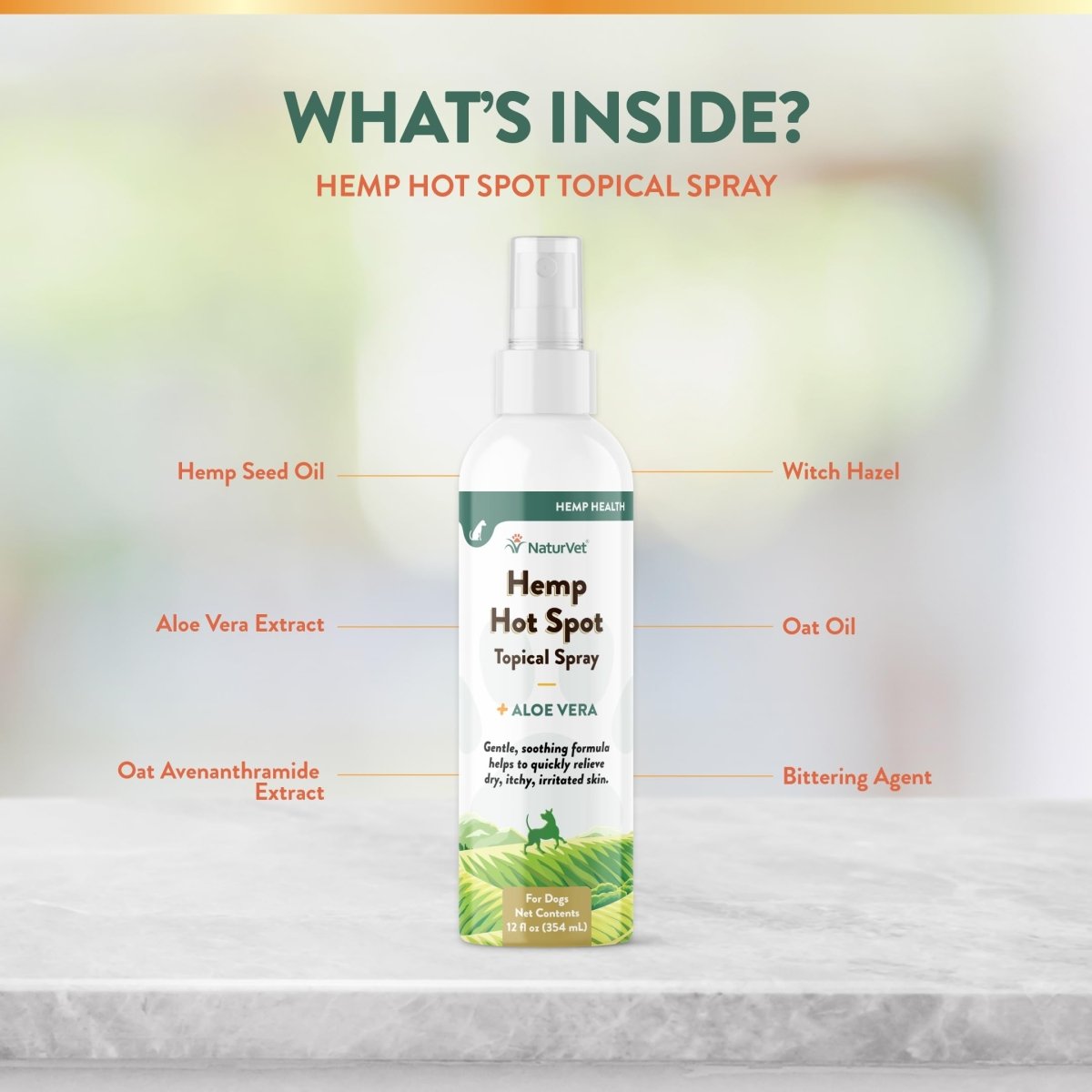 NaturVet Hemp Hot Spot Spray with Aloe Vera for Dogs, 12 oz Liquid, Made in The USA - 797801059046