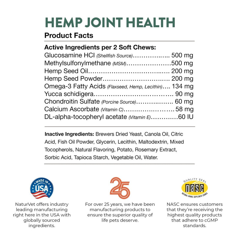 NaturVet Hemp Joint Health, Joint Care Support Supplement for Dogs, Soft Chews, 60ct Made in The USA - 797801059213