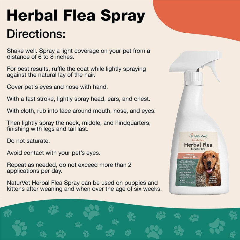 NaturVet Herbal Flea Plus Essential Oils - Dog & Cat Deodorizes with a Fresh Herbal Fragrance - 16 oz Spray - 797801034425