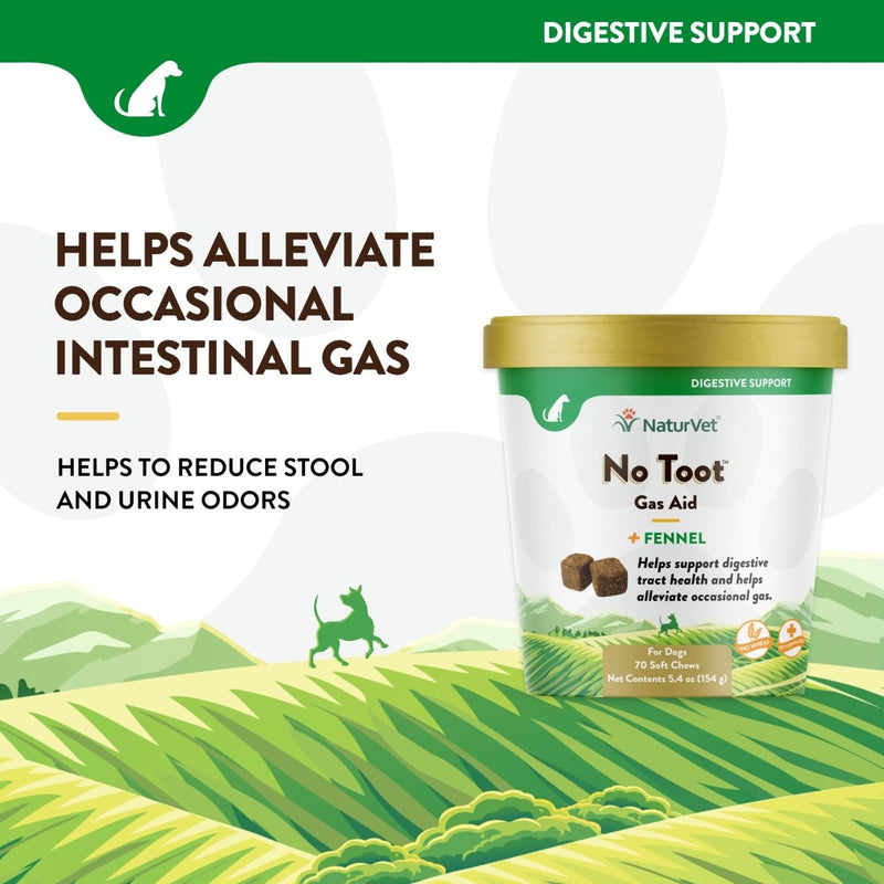 NaturVet No Toot Gas Aid For Dogs Plus Fennel – 70 Soft Chews - Alleviates Intestinal Gas - Helps Reduce Stool & Urine Odors - 30 Day Supply - dog supplement - 797801036726