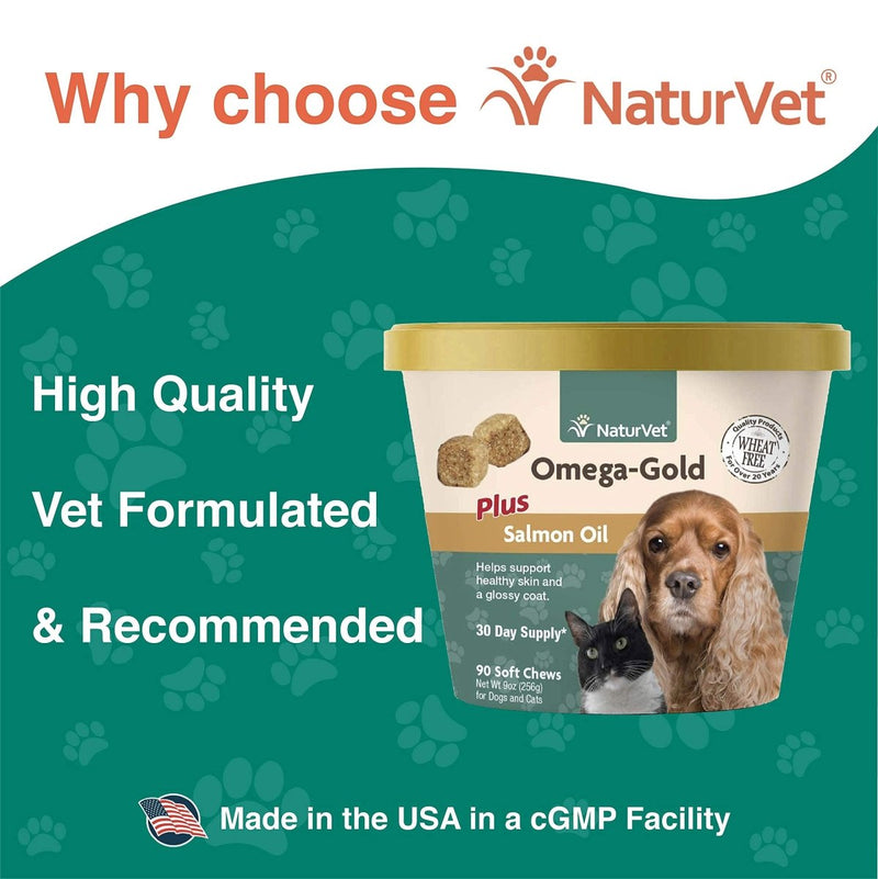 NaturVet Omega - Gold Plus Salmon Oil for Dogs & Cats - Supports Healthy Skin & Glossy Coat - Enhanced with DHA - EPA - Omega - 3 & Omega - 6 - 90 Soft Chews - dog supplement - 797801036924