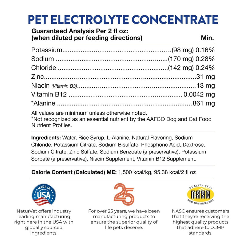 NaturVet Pet Electrolyte Concentrate for Dogs and Cats - 16 oz Liquid Concentrate - Made in The USA with Globally Source Ingredients - dog supplement - 797801070027