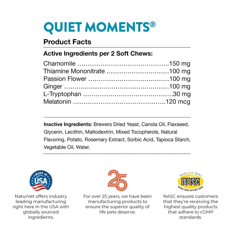 NaturVet Quiet Moments Calming Aid Dog Supplement – Helps Promote Relaxation - Reduce Stress - Storm Anxiety - Motion Sickness for Dogs – Tasty Pet Soft Chews with Melatonin – 70 Ct. - dog supplement - 797801036955