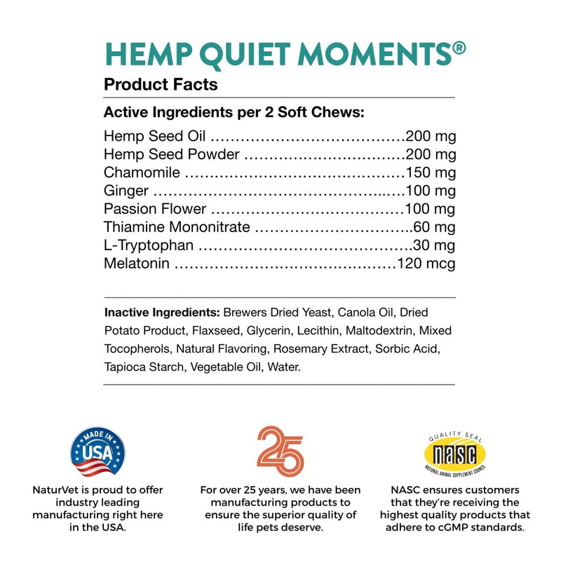 NaturVet Quiet Moments Plus Hemp Calming Aid Soft Chews for Dogs - 60 CT - dog supplement - 797801059312