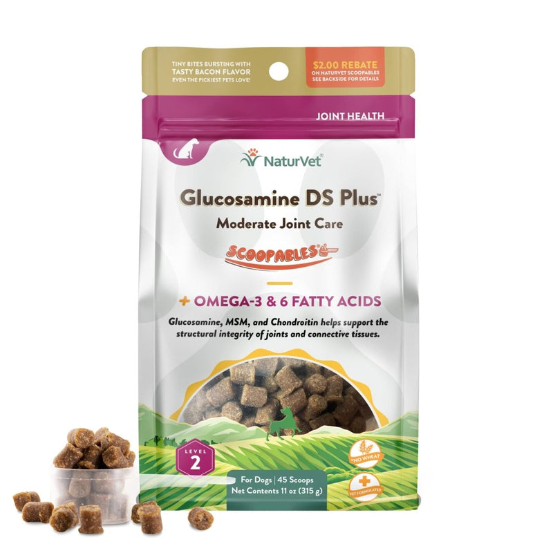 NaturVet Scoopables Dog Joint Supplement - Glucosamine DS Plus Level 2 Moderate Hip & Joint Care for Dogs with Chondroitin & MSM - Hickory Smoked Bacon Flavored Pet Health Supplements - 11 oz Bag - 797801605403