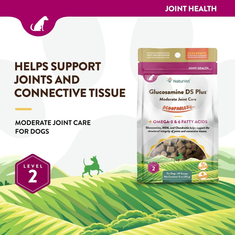 NaturVet Scoopables Dog Joint Supplement - Glucosamine DS Plus Level 2 Moderate Hip & Joint Care for Dogs with Chondroitin & MSM - Hickory Smoked Bacon Flavored Pet Health Supplements - 11 oz Bag - 797801605403