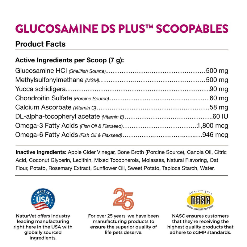 NaturVet Scoopables Dog Joint Supplement - Glucosamine DS Plus Level 2 Moderate Hip & Joint Care for Dogs with Chondroitin & MSM - Hickory Smoked Bacon Flavored Pet Health Supplements - 11 oz Bag - 797801605403