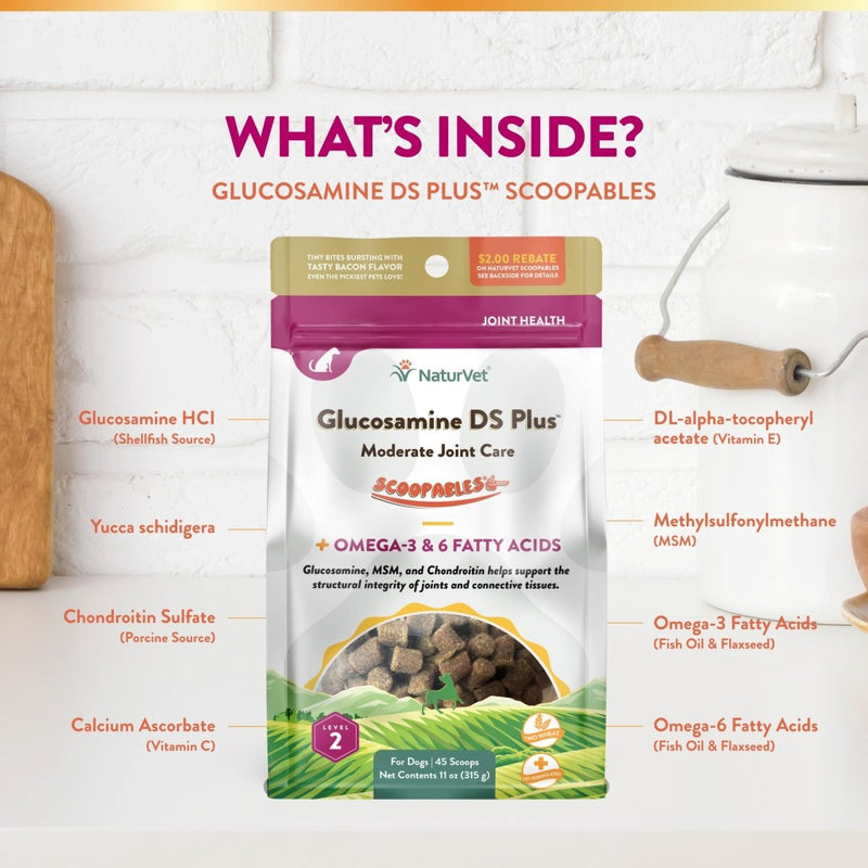 NaturVet Scoopables Dog Joint Supplement - Glucosamine DS Plus Level 2 Moderate Hip & Joint Care for Dogs with Chondroitin & MSM - Hickory Smoked Bacon Flavored Pet Health Supplements - 11 oz Bag - 797801605403