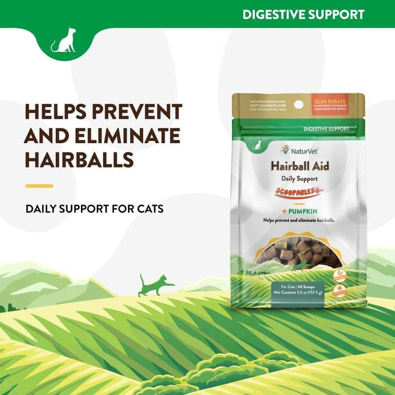 NaturVet Scoopables Hairball Aid for Cats - Helps Prevent & Eliminate Hairballs - Psyllium Husk & Pumpkin - Salmon Flavored Cat Health Supplement - 5.5oz Bag - Supplies - 797801605380