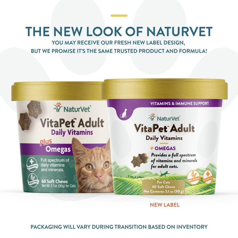 NaturVet VitaPet Adult Daily Vitamins Plus Omegas for Cats - 60 ct Soft Chews - Made in The USA with Globally Source Ingredients