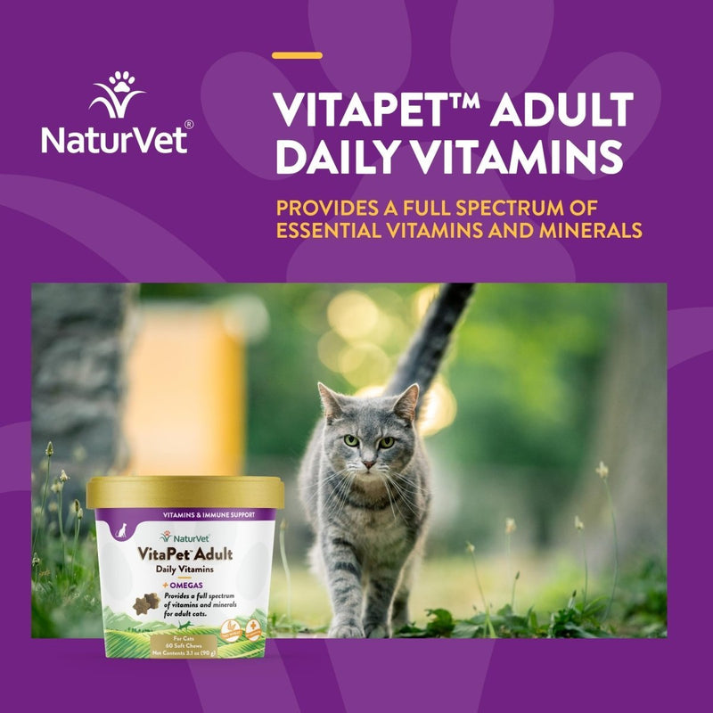 NaturVet VitaPet Adult Daily Vitamins Plus Omegas for Cats - 60 ct Soft Chews - Made in The USA with Globally Source Ingredients