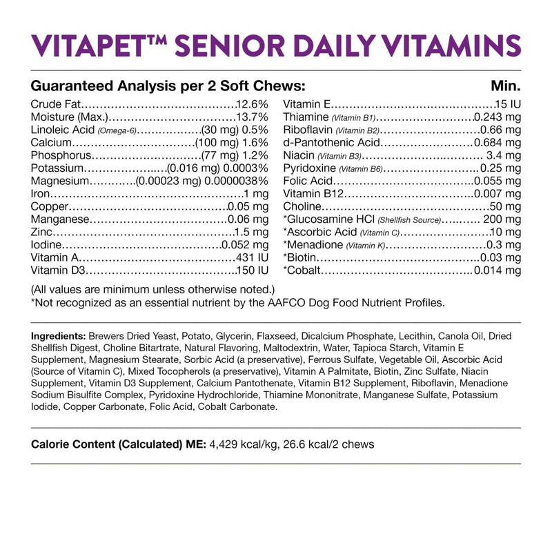 NaturVet VitaPet Senior Daily Vitamins Plus Glucosamine for Dogs, 60 ct Soft Chews, Made in The USA with Globally Source Ingredients