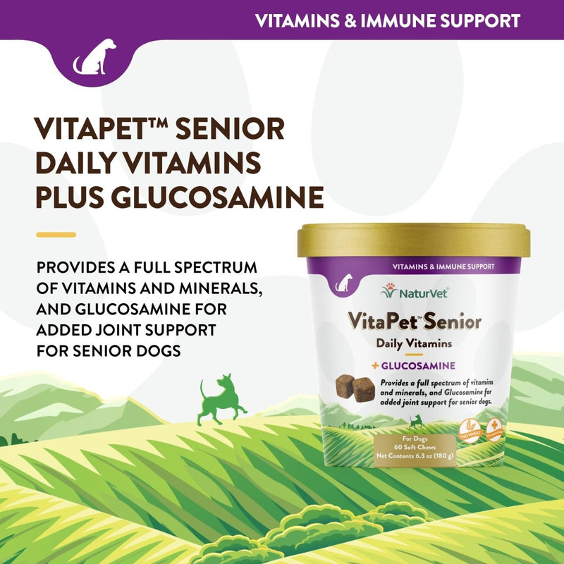 NaturVet VitaPet Senior Daily Vitamins Plus Glucosamine for Dogs, 60 ct Soft Chews, Made in The USA with Globally Source Ingredients