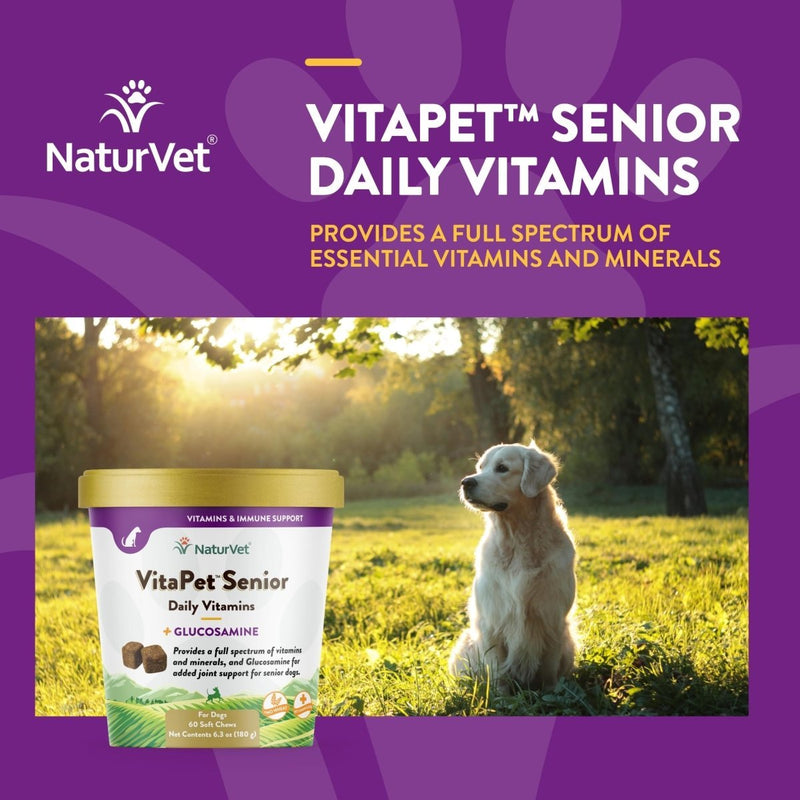 NaturVet VitaPet Senior Daily Vitamins Plus Glucosamine for Dogs, 60 ct Soft Chews, Made in The USA with Globally Source Ingredients