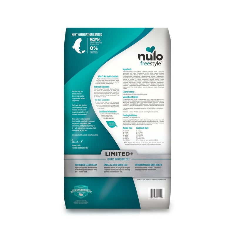 Nulo All Natural Dog Food: Freestyle Limited Plus Grain Free Puppy & Adult Dry Dog Food - Limited Ingredient Diet for Digestive & Immune Health - Allergy Sensitive Non GMO Salmon Recipe - 10 lb Bag - 811939021109