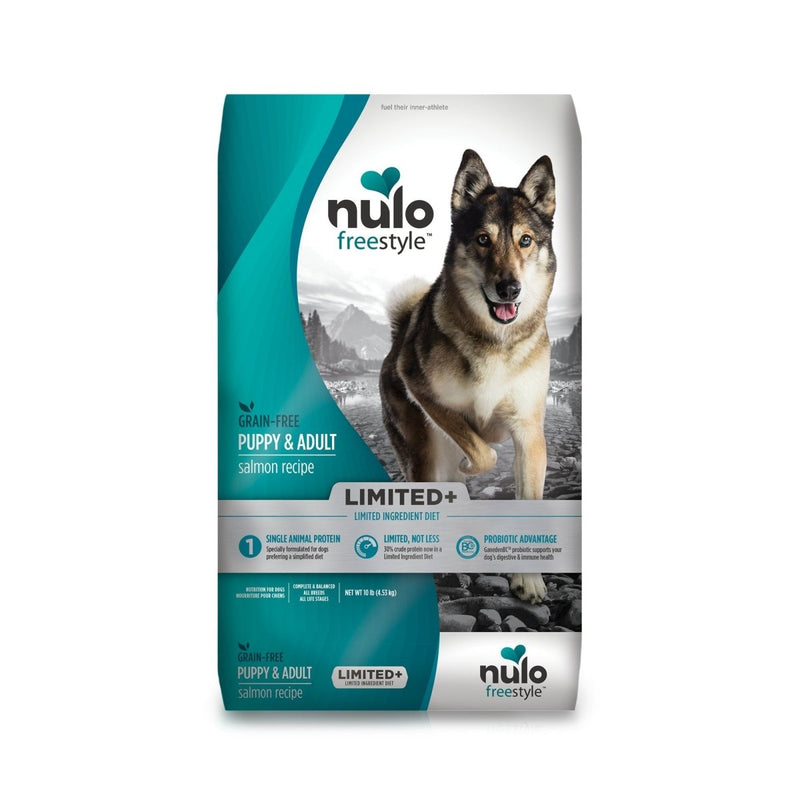 Nulo All Natural Dog Food: Freestyle Limited Plus Grain Free Puppy & Adult Dry Dog Food - Limited Ingredient Diet for Digestive & Immune Health - Allergy Sensitive Non GMO Salmon Recipe - 10 lb Bag - 811939021109