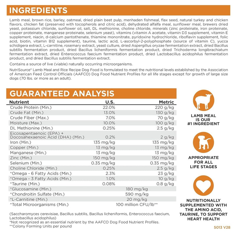 NutriSource Adult Dry Dog Food, Lamb Meal and Rice, 26LB