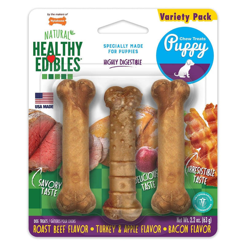 Nylabone Healthy Edibles Natural Puppy Treats Variety Pack - Puppy Supplies - Roast Beef, Bacon, Turkey & Apple Flavors, X - Small/Petite (3 Count)