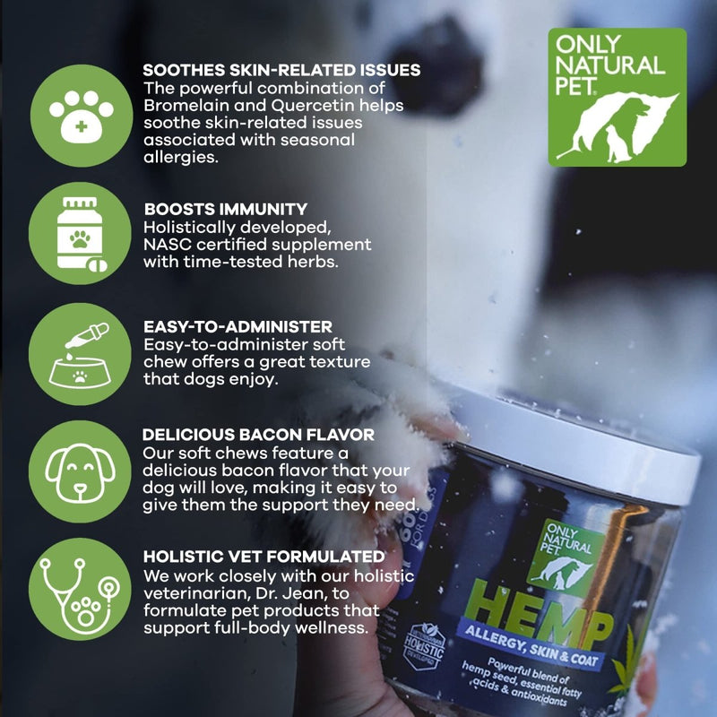 Only Natural Pet Allergy Skin & Coat Hemp Soft Chews - Allergy Immune Bites for Dogs - Omega 3 Supplement - Hemp Oil - Calming Treats for Itchy Skin Relief - Hot Spot