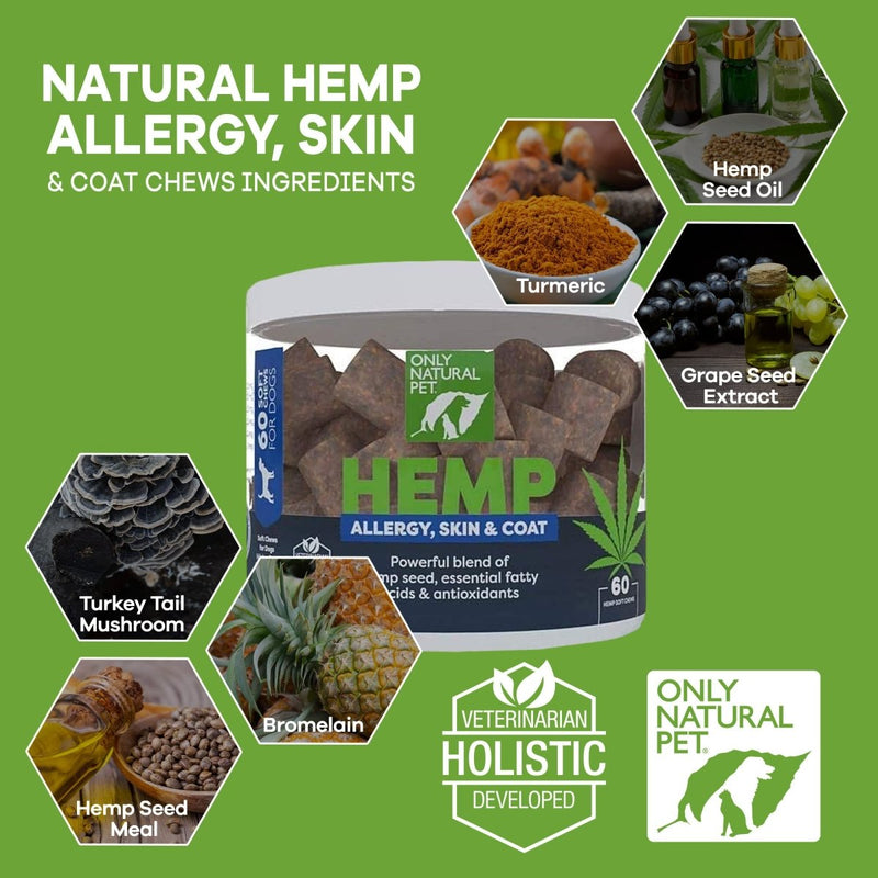 Only Natural Pet Allergy Skin & Coat Hemp Soft Chews - Allergy Immune Bites for Dogs - Omega 3 Supplement - Hemp Oil - Calming Treats for Itchy Skin Relief - Hot Spot