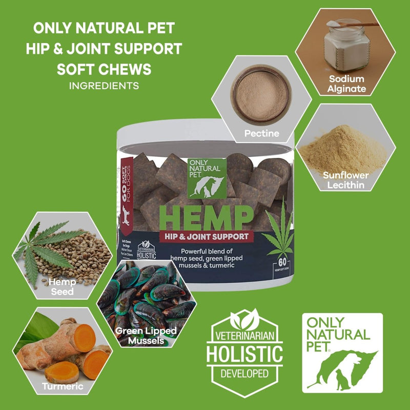 Only Natural Pet Hemp Hip & Joint Support for Dogs - Supplement for Mobility Wellness Pain Relief Healthy Inflammatory & Bone Stiffness - Chews w/Fatty Acid Blend Mussels & Turmeric