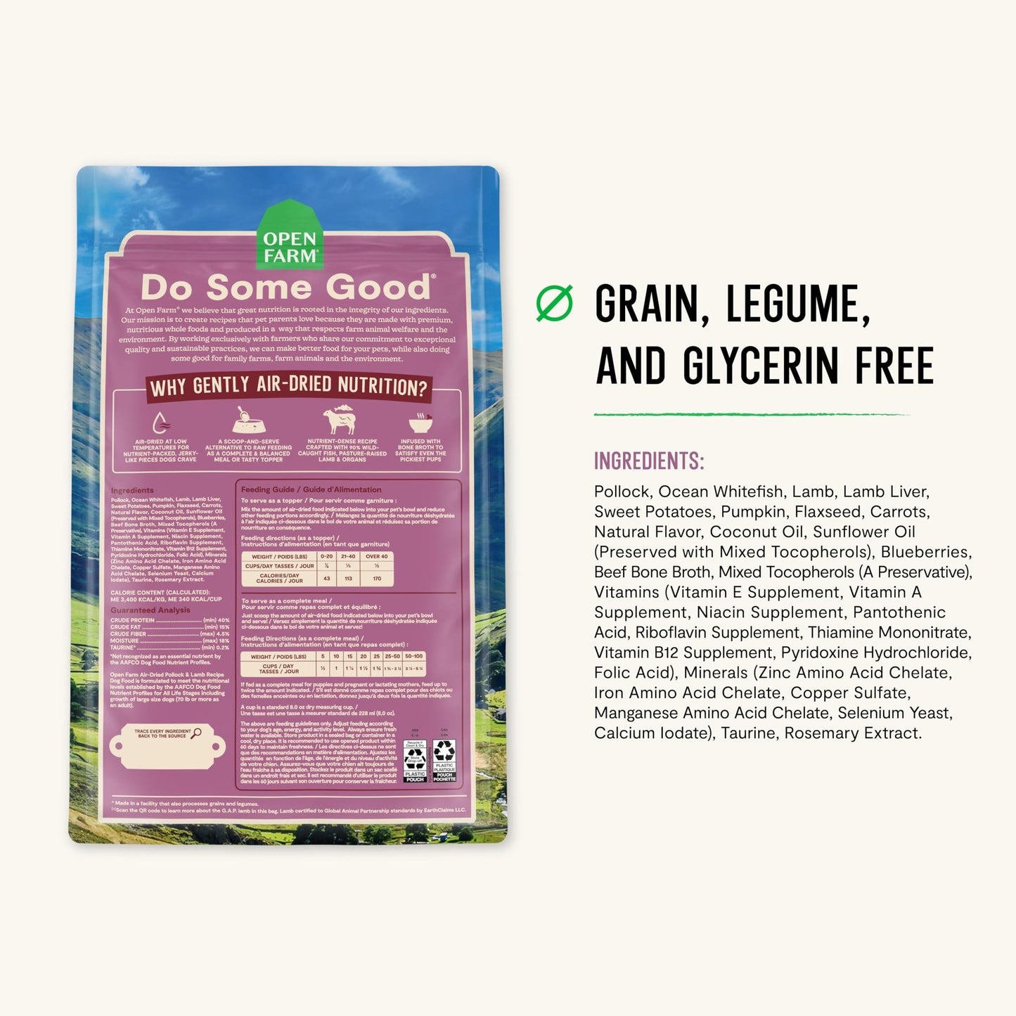 Open Farm, Air Dried Dog Food Infused with Bone Broth, Grain & Legume Free, Complete Meal or Food Topper, Pollock & Lamb Recipe, 2lb Bag