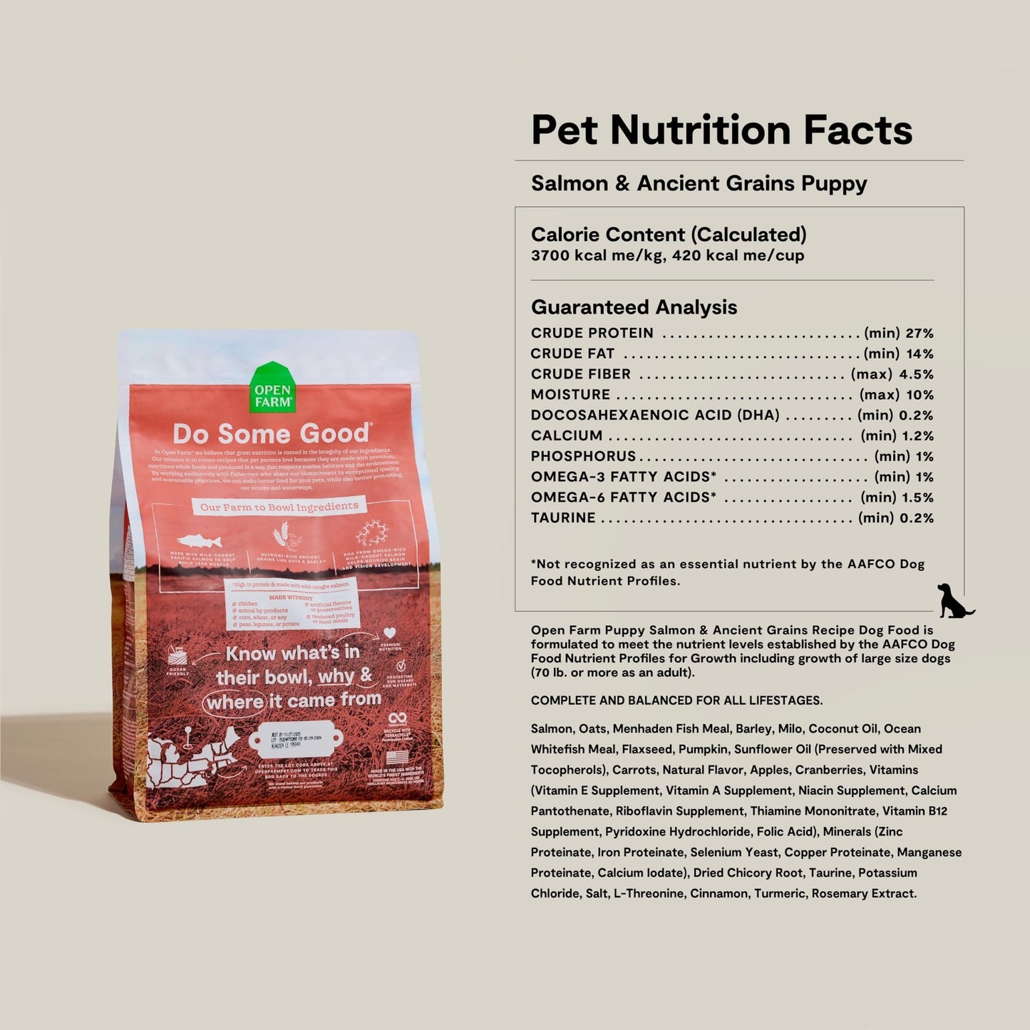 Open Farm, Ancient Grains Dry Dog Food for Puppies, Protein - Rich & Nutrient Dense, 90% Animal Protein Mixed with Non - GMO Fruits, Veggies and Superfoods, Salmon Recipe for Puppy, 4lb Bag