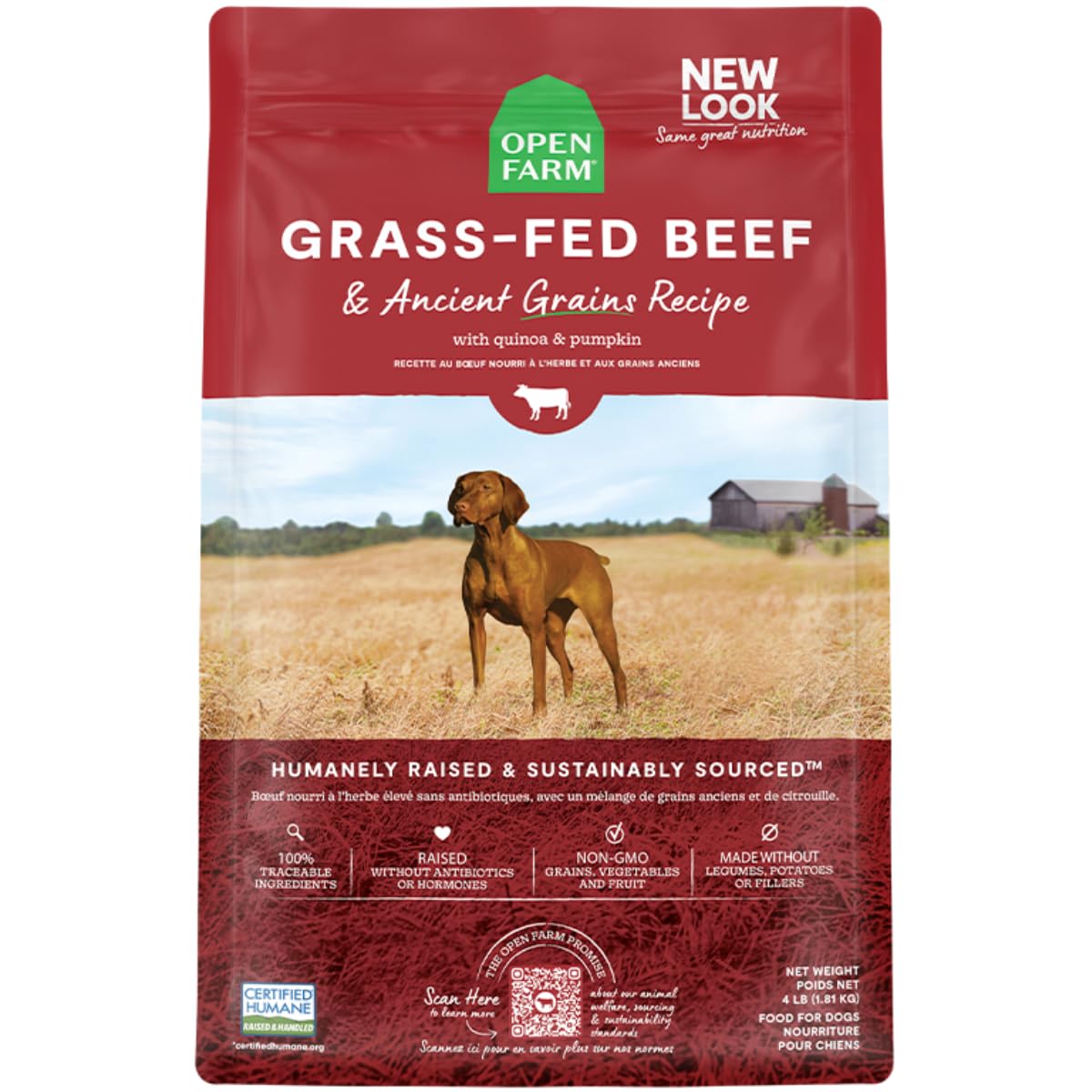 Open Farm Ancient Grains Dry Dog Food, Humanely Raised Meat Recipe with Wholesome Grains and No Artificial Flavors or Preservatives (Grass - Fed Beef Ancient Grain, 4 Pound