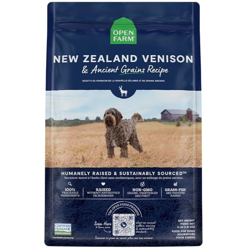 Open Farm Ancient Grains Dry Dog Food, Humanely Raised Meat Recipe with Wholesome Grains and No Artificial Flavors or Preservatives (New Zealand Venison Ancient Grain, 4 Pound