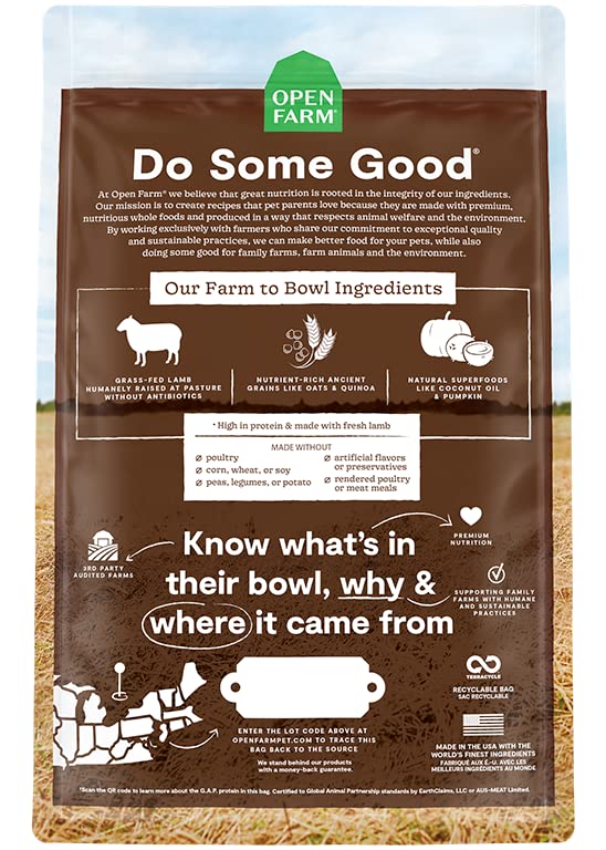 Open Farm Ancient Grains Dry Dog Food, Humanely Raised Meat Recipe with Wholesome Grains and No Artificial Flavors or Preservatives (Pasture Raised Lamb Ancient Grain, 4 Pound (Pack of 1))