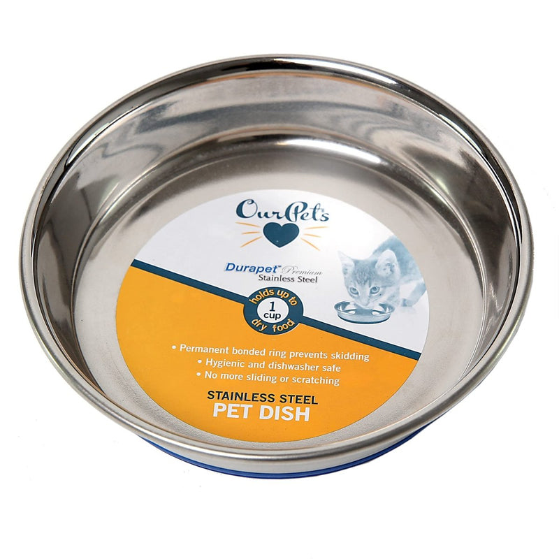 Our Pets DuraPet Stainless Steel Non - Slip Cat Food Bowl - Cat Water Bowl - Holds up to 1 Cup of Dry Food - Easy to Clean