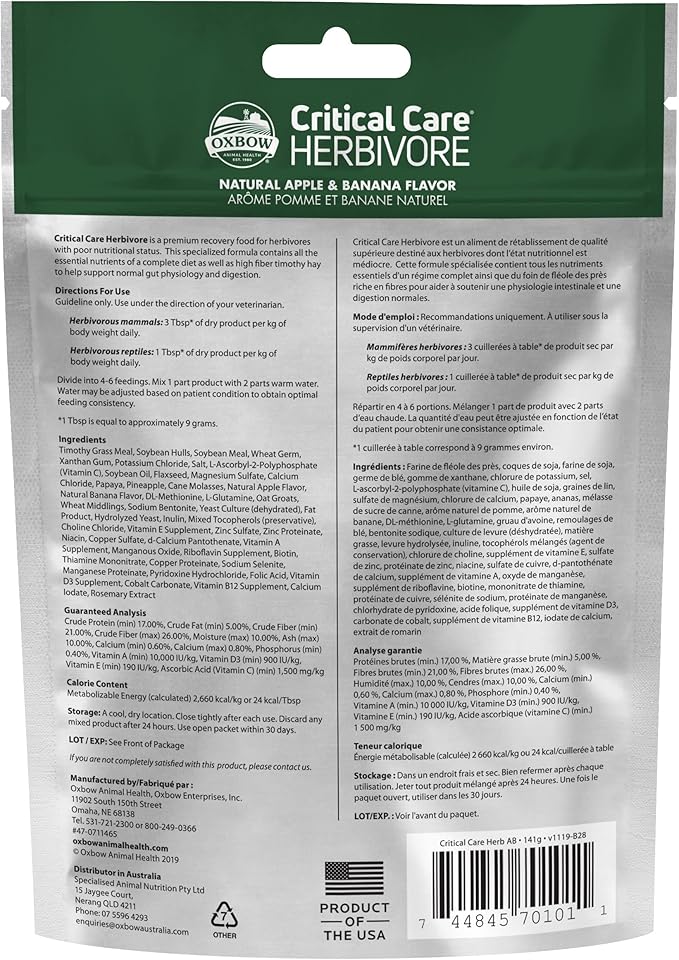Oxbow Apple & Baa Critical Care Herbivore, 4.97 Ounces Each, Support Supplement for Small Pets