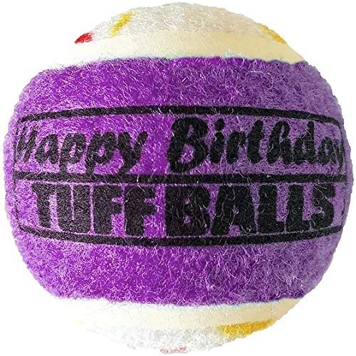 PetSport Jr. Happy Birthday Tuff Ball Dog Toys | 4 Pack Small (1.8") Pet Safe Felt & Extra - Thick Rubber Tennis Balls for Durability and Bounce | Makes a Great Gift