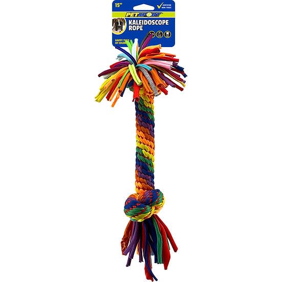 PetSport Kaleidoscope Rope Large 2 Knot 15" Dog Chew & Rope Toy | Perfect for Tug of War | Bright Rainbow Colors | Durable & Stretchy Jersey Material