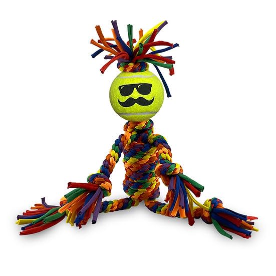 PetSport Kaleidoscope Rope Medium Dude with 2.5" Tennis Ball 16" Dog Chew & Rope Toy | Perfect for Tug of War | Bright Rainbow Colors | Durable & Stretchy Jersey Material