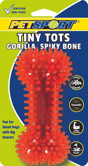 PetSport Tiny Tots 4.5" Gorilla Spiky Squeaker Bone Dog Toy | Vanilla Scented Super Durable TPR Rubber That Floats | Helps Maintain Dental Health for Your Pet, Colors Will Vary