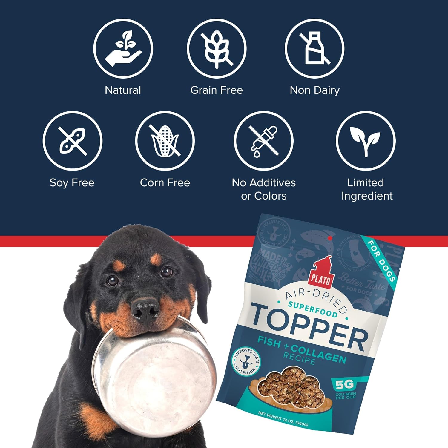 Plato air dried superfood topper dog treats fish collagen recipe 5.5oz bag