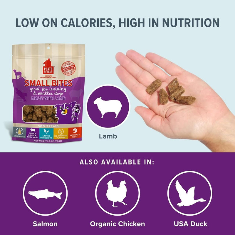 PLATO Small Bites Dog Treats | Natural, Bite Sized Real Meat & Lamb Flavor | Grain Free & High in Protein | Air Dried Authentic Ingredients | 2 Calories Per Treat | Made in The USA | 2.5 Ounces