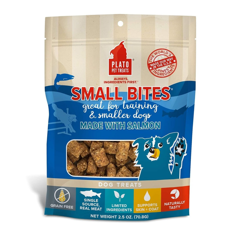 PLATO Small Bites Dog Treats, Natural Bite Sized Real Meat & Salmon Flavor, Grain Free & High in Protein, Air Dried Authentic Ingredients, 2 Calories Per Treat, Made in the USA, 2.5 Ounces