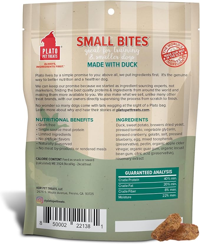 Plato small bites duck dog treats 6oz