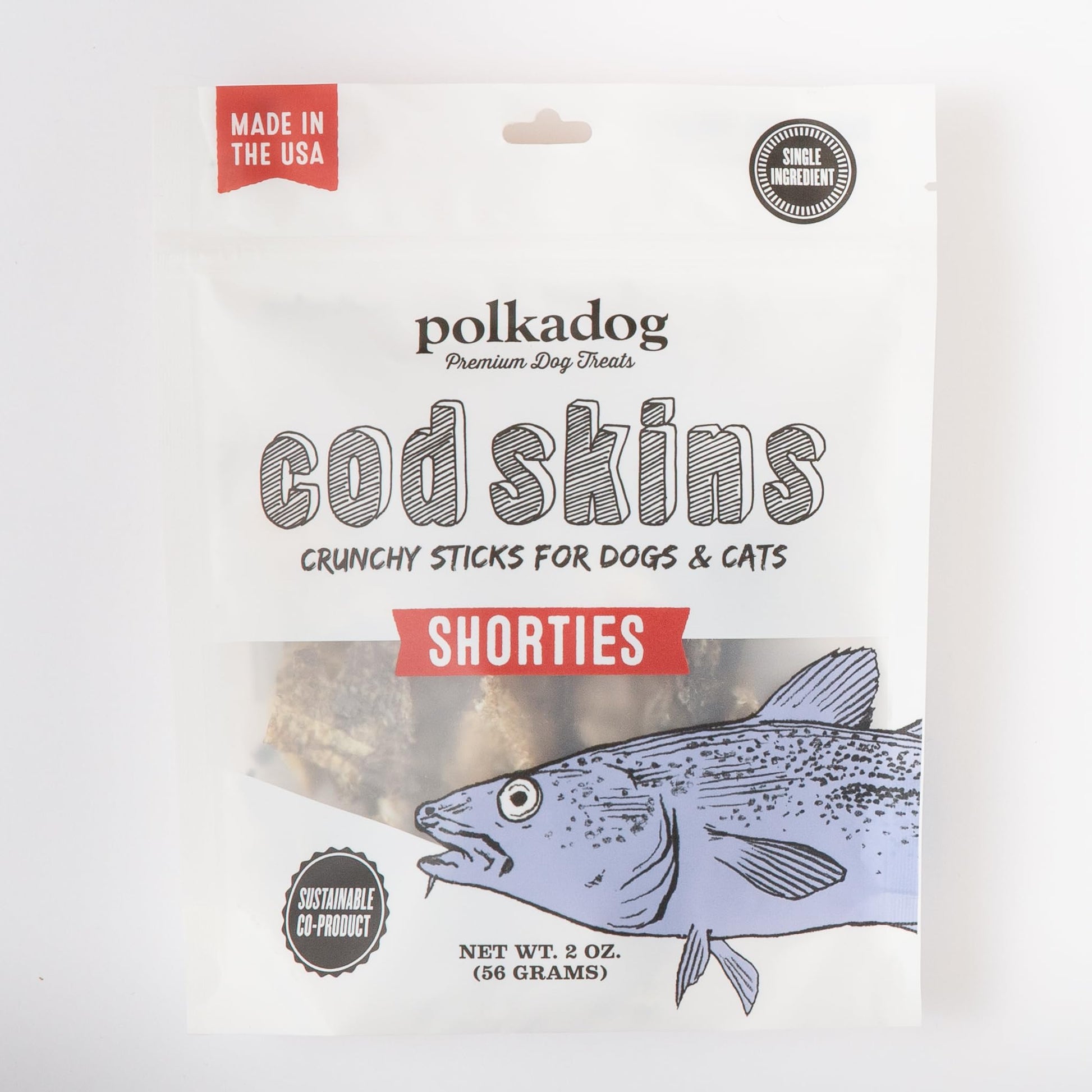 Polkadog Cod Skins Dog Treat - Lean Protein, Made In Usa, Single - Ingredient, Grain & Gluten Free, For All Breeds - Crunchy Fish Skin Treat For Teeth Health, 2Oz Shortie