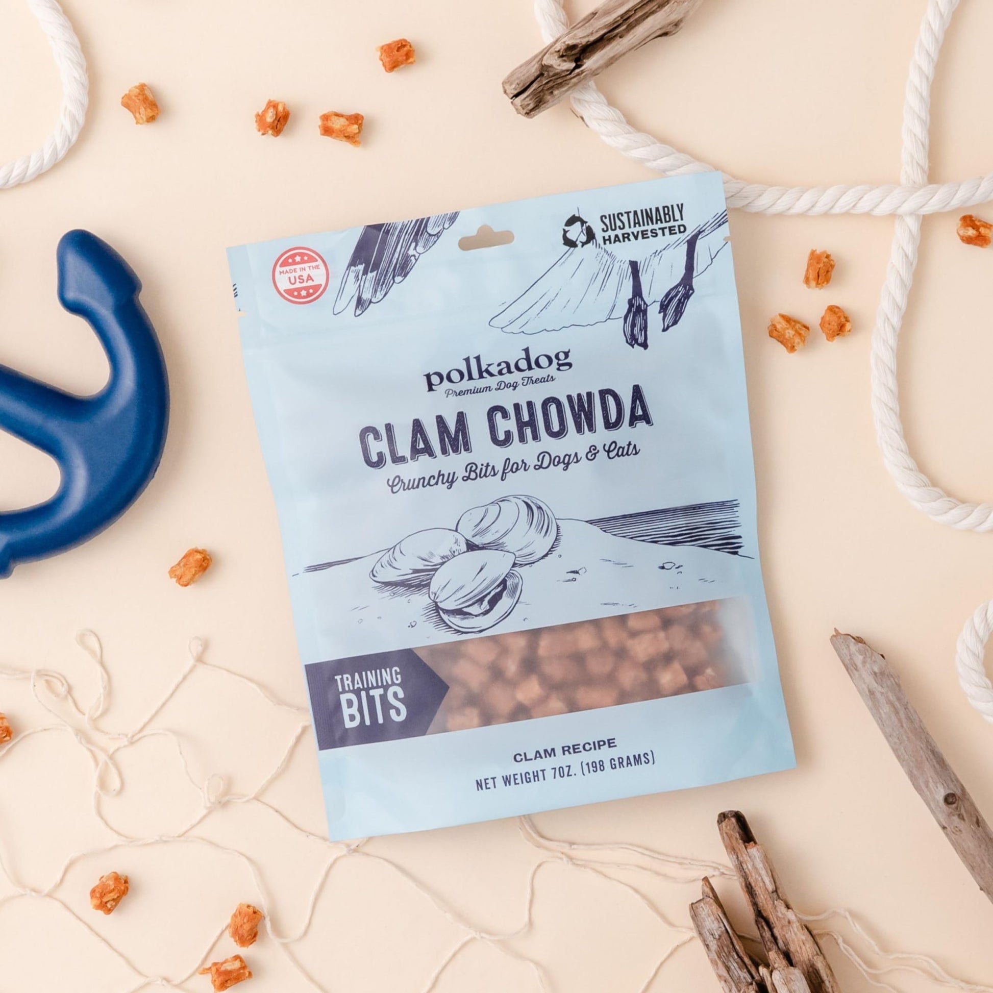 Polkadog Crunchy Clam Chowda Dog Treats, Cat Bits – 100% Atlantic Ocean Quahogs - All - Natural Pet, Dog Treat - Savory, Healthy Puppy Bits – Limited Ingredients – 7 Oz