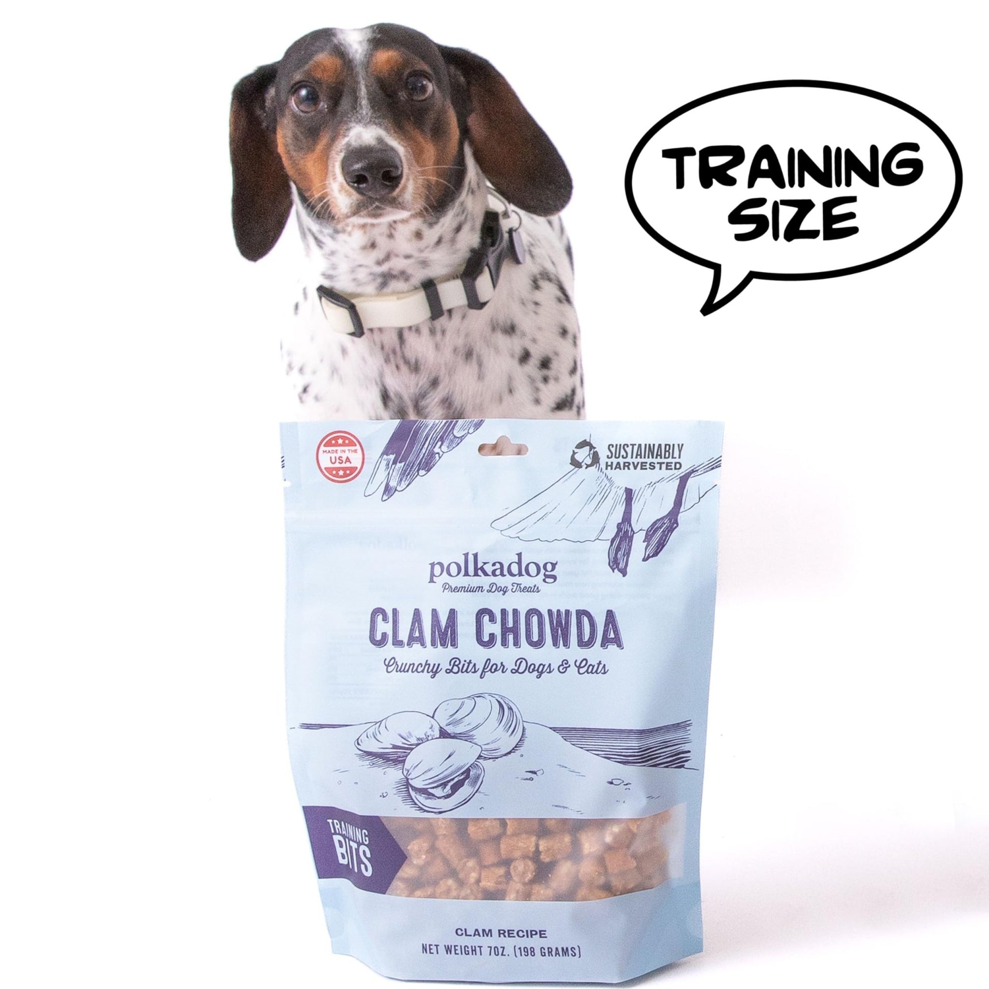 Polkadog Crunchy Clam Chowda Dog Treats, Cat Bits – 100% Atlantic Ocean Quahogs - All - Natural Pet, Dog Treat - Savory, Healthy Puppy Bits – Limited Ingredients – 7 Oz