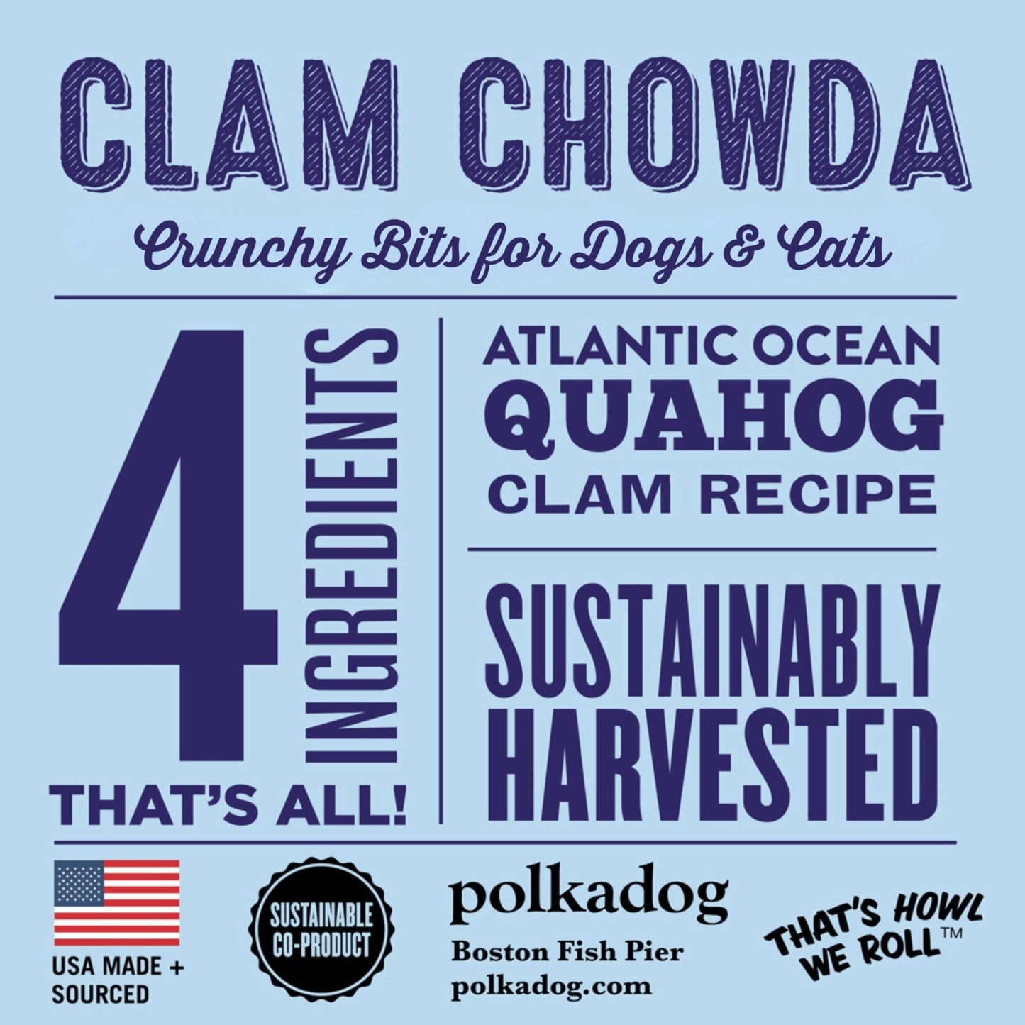 Polkadog Crunchy Clam Chowda Dog Treats, Cat Bits – 100% Atlantic Ocean Quahogs - All - Natural Pet, Dog Treat - Savory, Healthy Puppy Bits – Limited Ingredients – 7 Oz