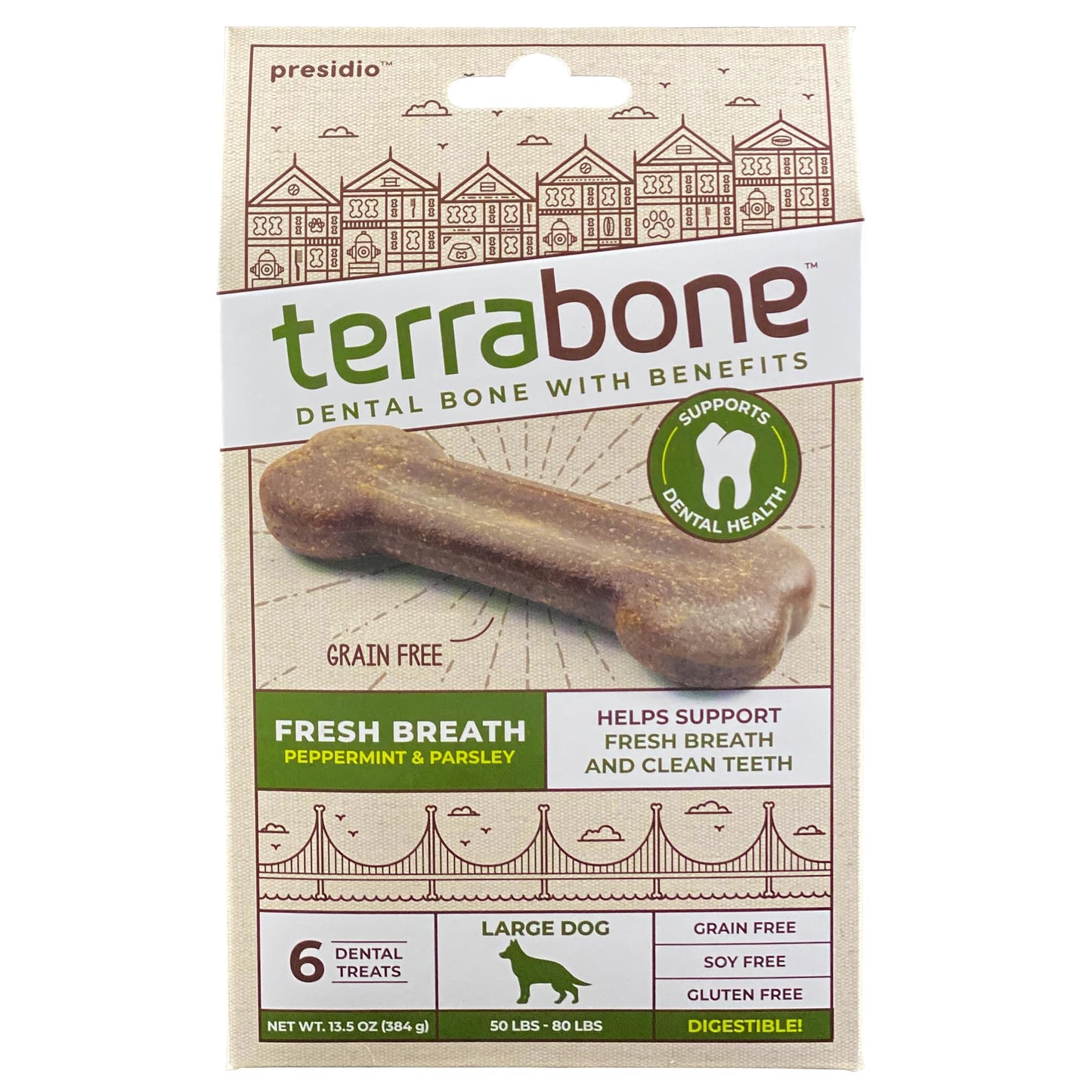 Presidio Terrabone Dental Chews, Dog Teeth Cleaning Treat, Large, 6 Treats